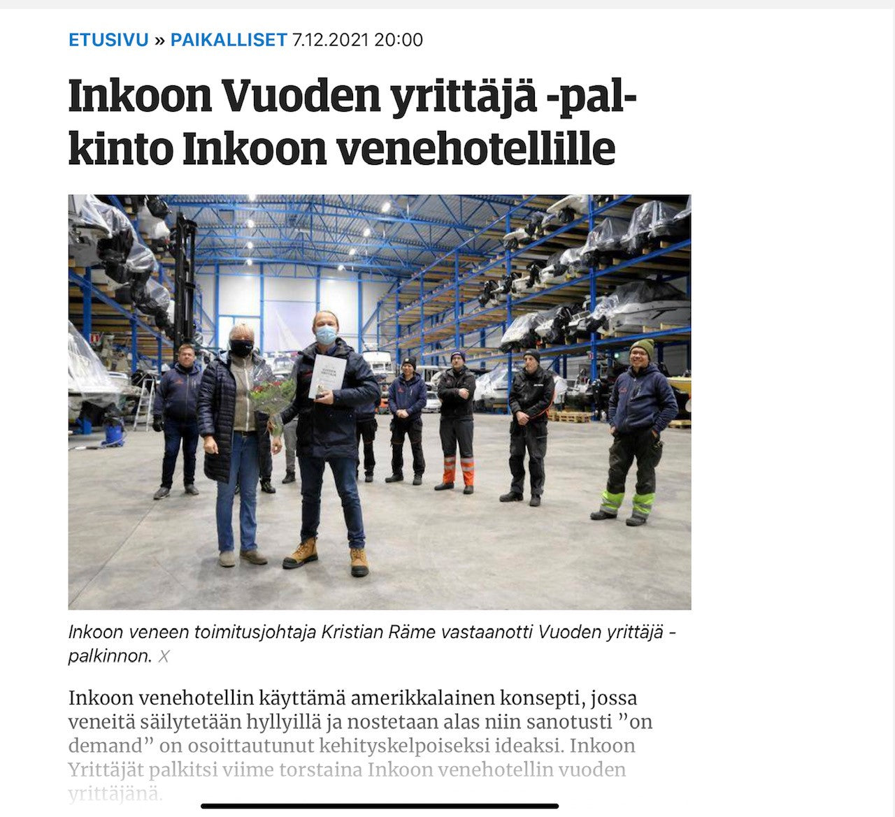 Inkoon Vuoden yrittäjä -palkinto Inkoon Venehotellille