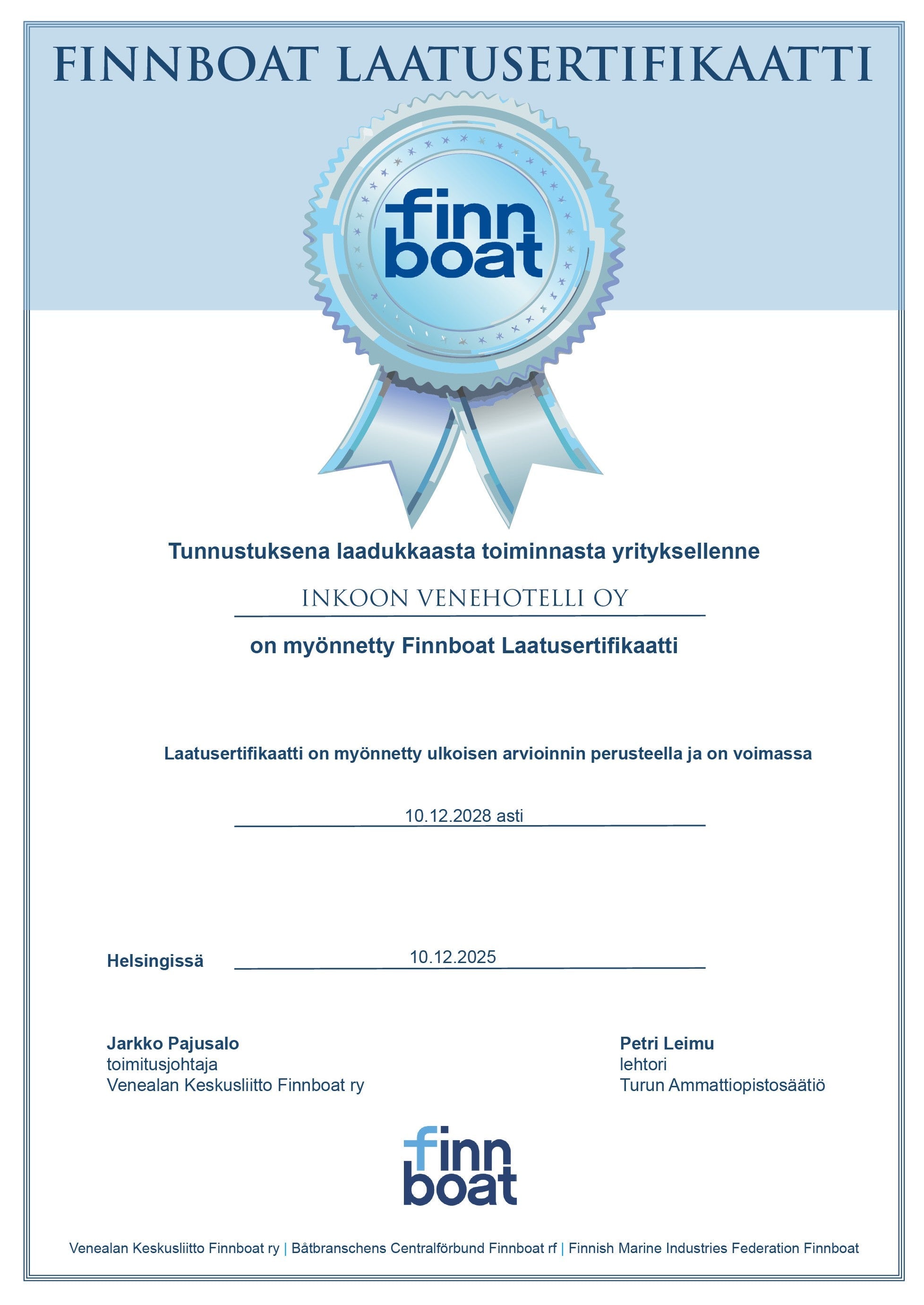 Inkoon Venehotelli Oy:lle Finnboat Laatusertifikaatti – panostus laatuun näkyy arjessa